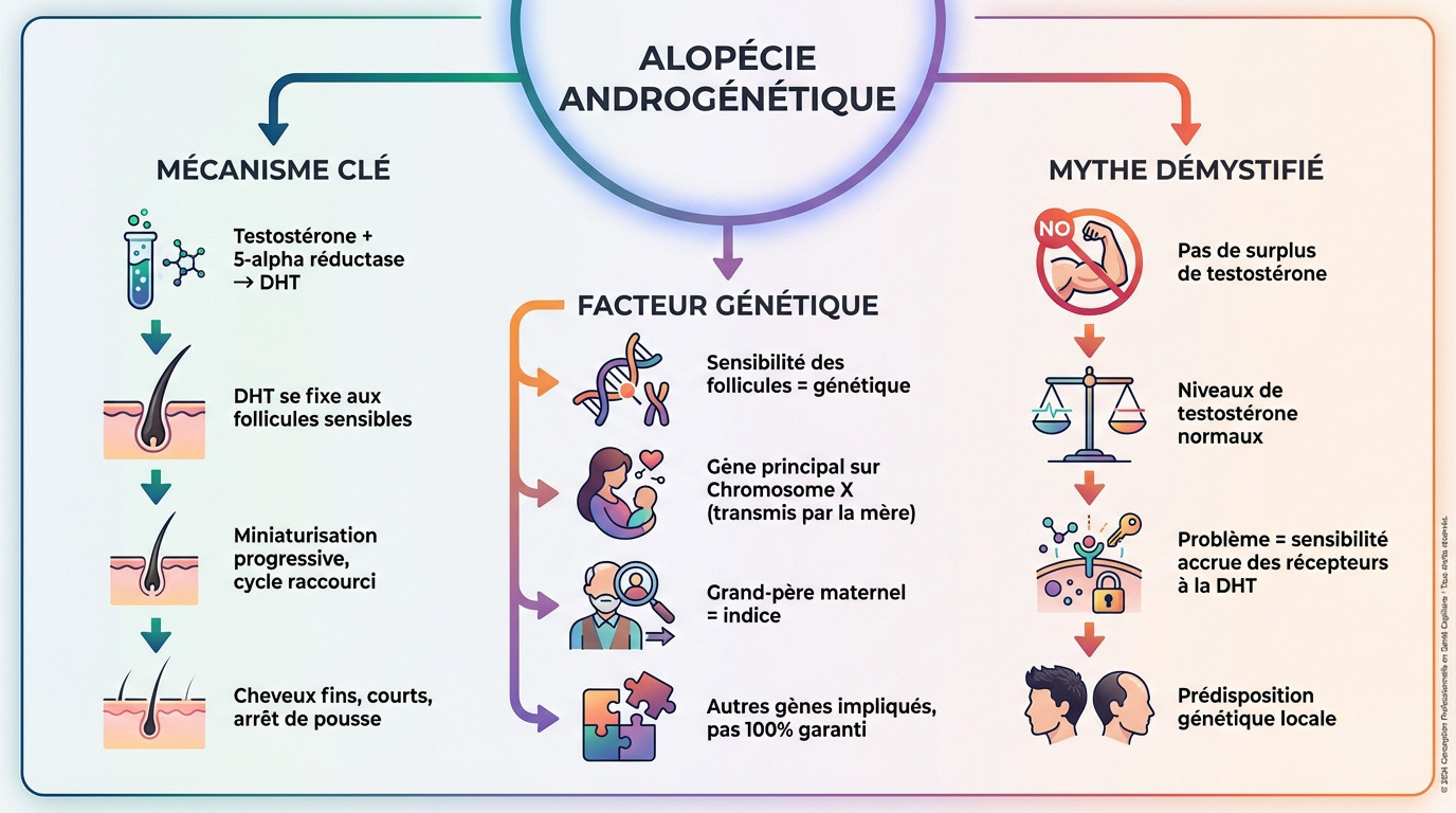 Schéma illustrant le processus de miniaturisation du cheveu causé par la DHT