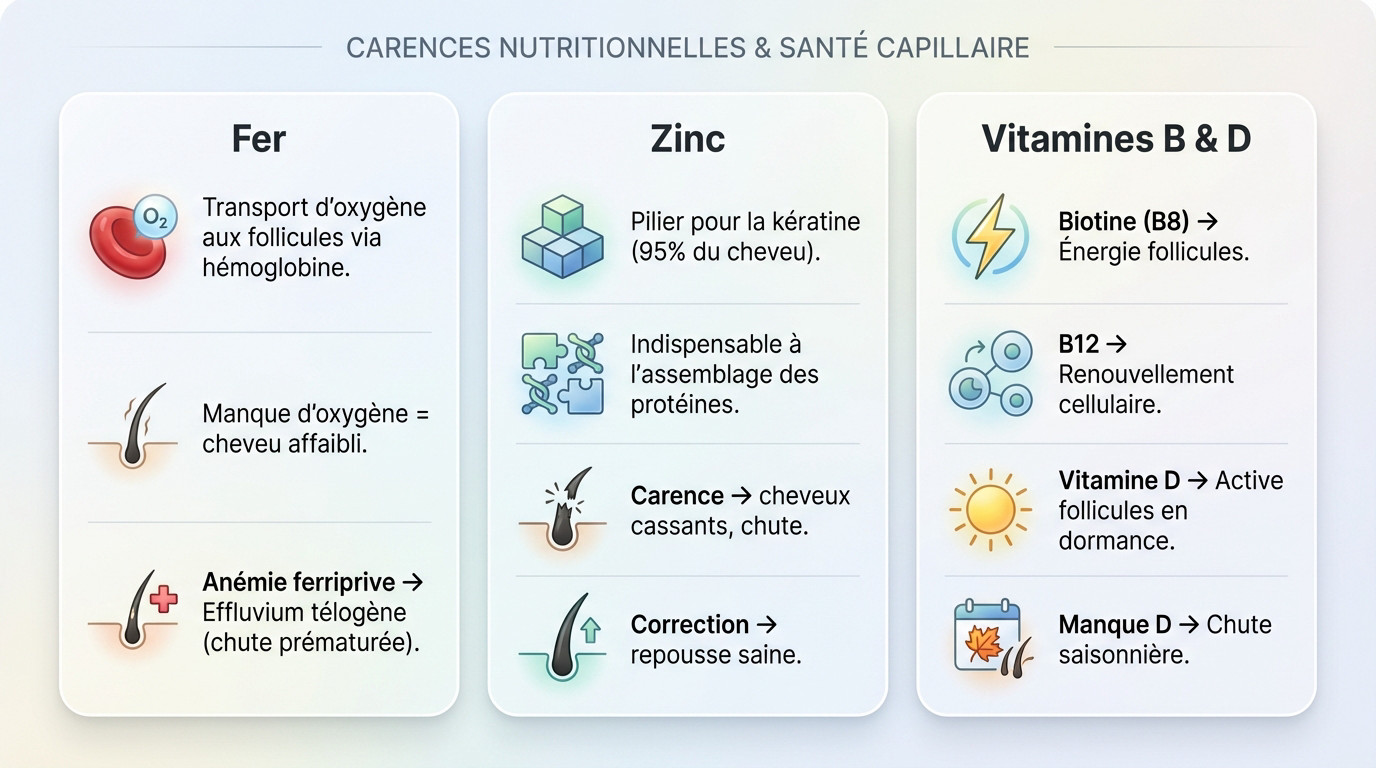 Illustration des nutriments essentiels pour éviter la chute de cheveux