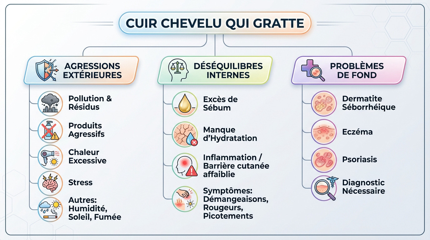 Illustration des facteurs causant les démangeaisons et l'irritation du cuir chevelu