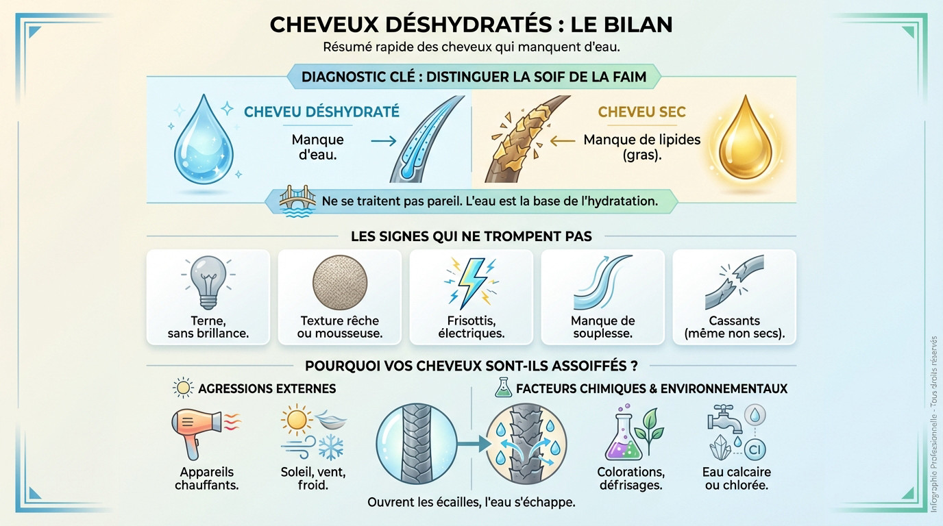 Cheveux ternes et mousseux signes de déshydratation capillaire