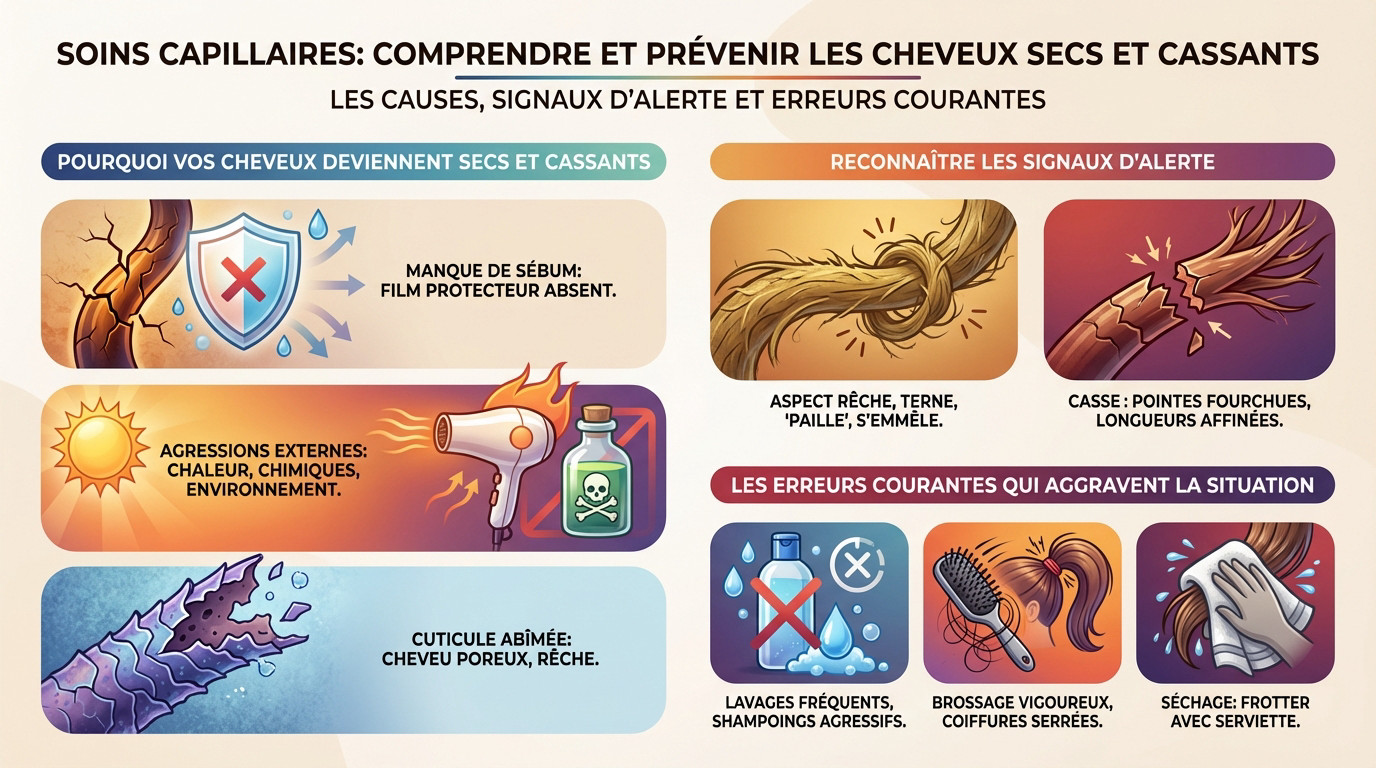 Schéma comparatif montrant la structure d'un cheveu sain face à un cheveu sec et cassant