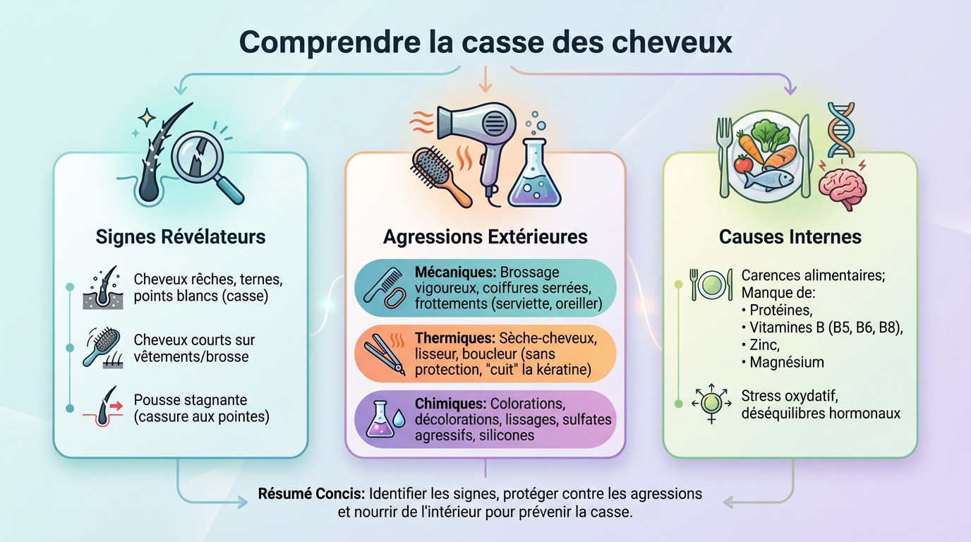 Structure d'un cheveu abîmé montrant des écailles ouvertes et une fibre cassante