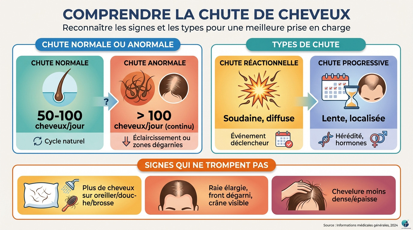 Schéma explicatif montrant la différence entre une chute de cheveux normale et une alopécie débutante