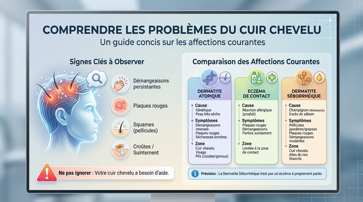 Schéma illustrant les différences entre un cuir chevelu sain et un cuir chevelu irrité par l'eczéma ou la dermatite