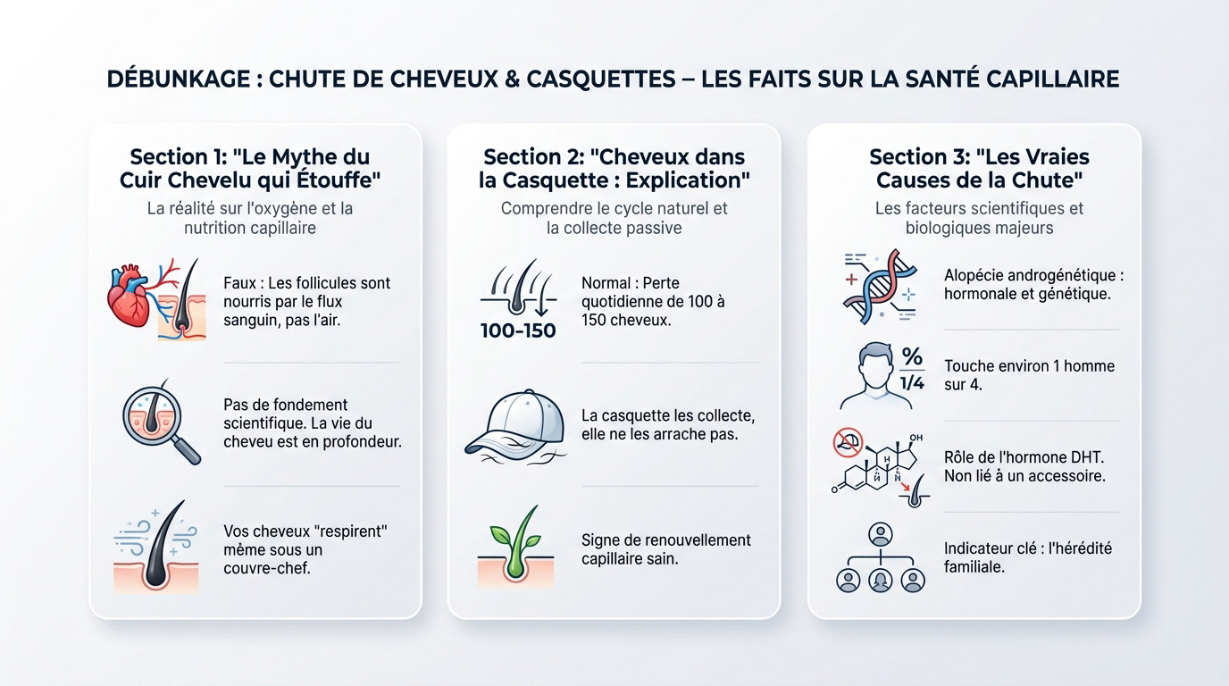 Homme rassuré portant une casquette comprenant que cela ne cause pas la calvitie