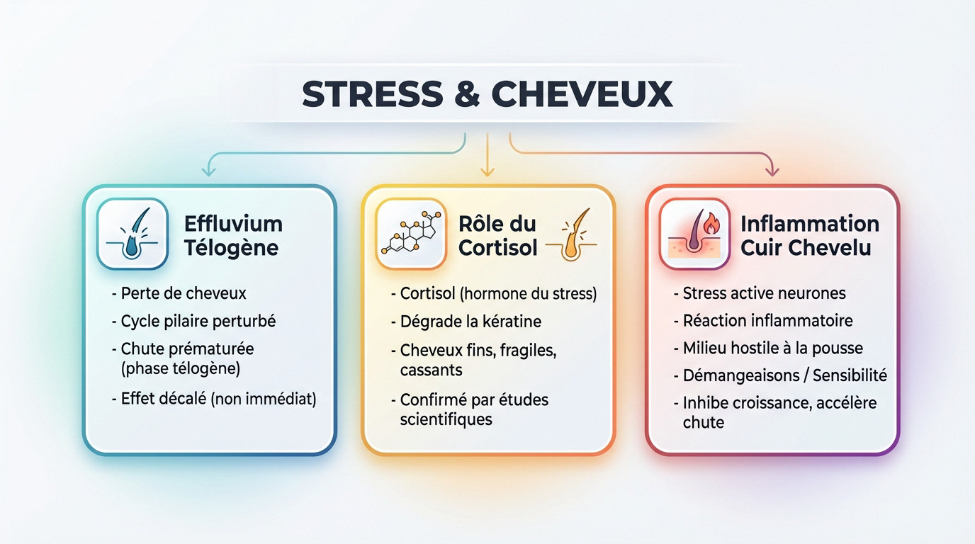 Schéma explicatif montrant l'impact du stress sur le cycle capillaire et le follicule