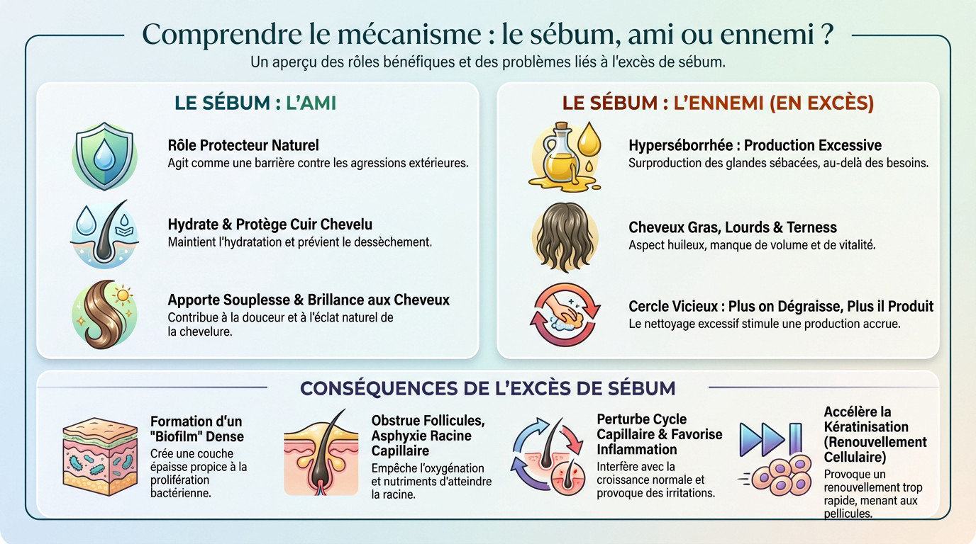 Schéma montrant la production de sébum par la glande sébacée à la racine du cheveu