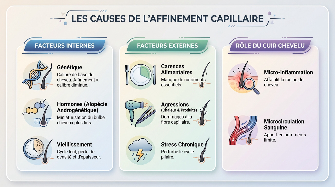 Schéma explicatif des causes de l'affinement capillaire et de la miniaturisation du bulbe