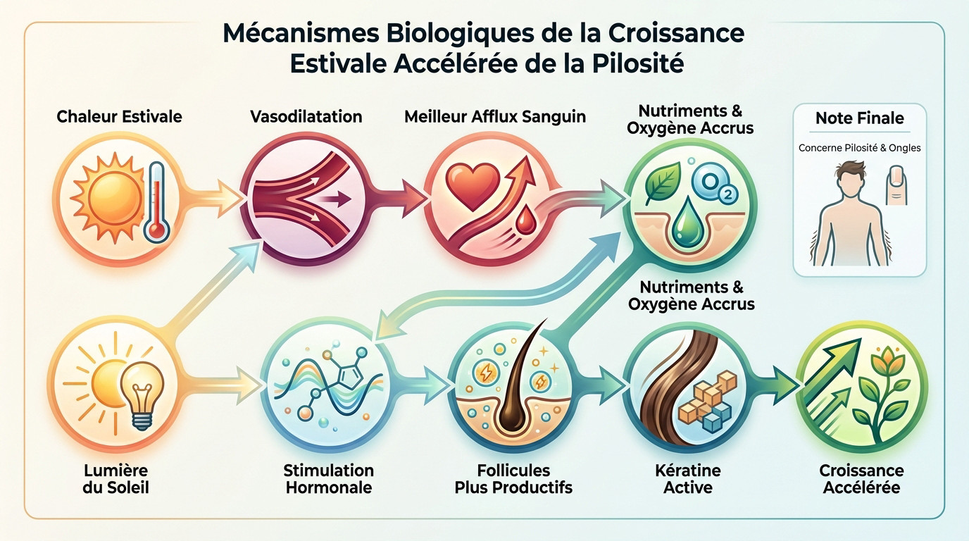 Schéma expliquant la vasodilatation du cuir chevelu sous l'effet de la chaleur estivale