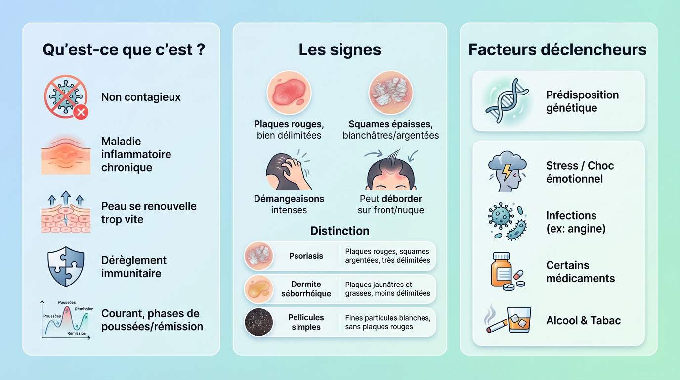 Schéma explicatif des symptômes et déclencheurs du psoriasis du cuir chevelu